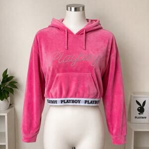 Playboy Pink Velour Cropped Hoodie Rhinestone Logo Womens XL Y2K
